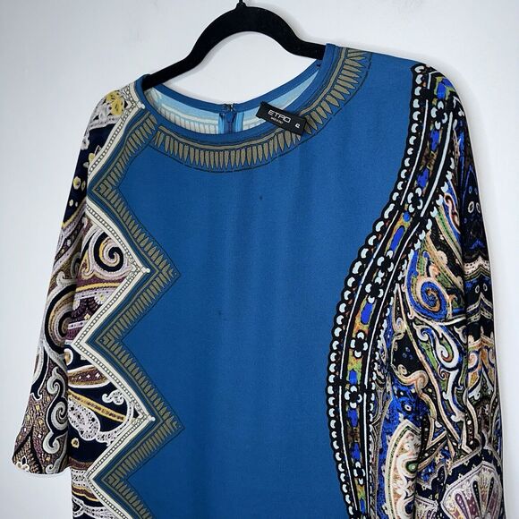 Etro Women’s 100% Silk Mixed Print Shift Dress Blue Size 42 - Picture 2 of 6